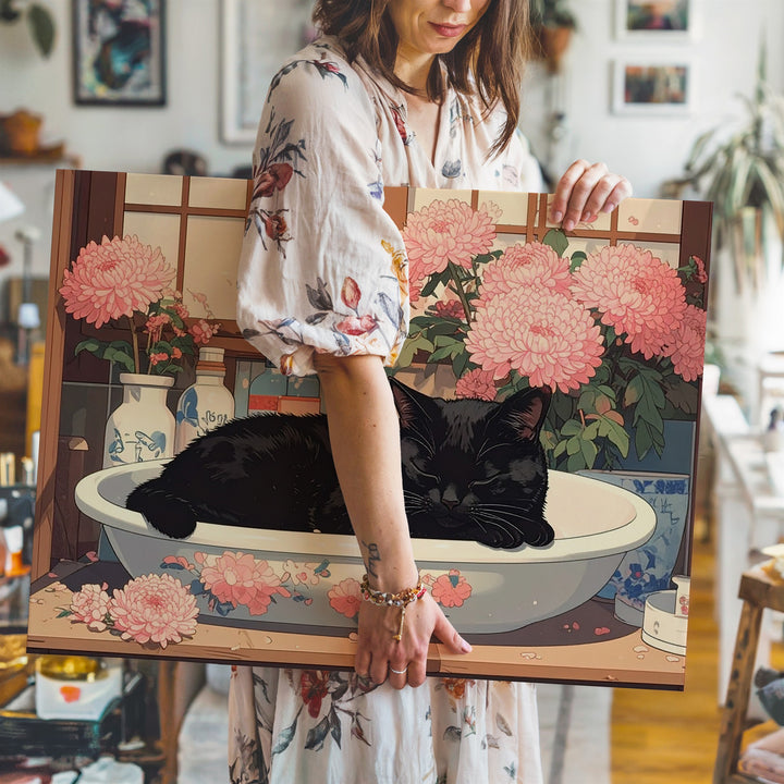 Chrysanthemum Sink Cat Canvas – Vintage Japanese Floral Home Art - Gifitto