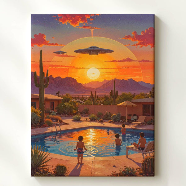 Suburban UFO Canvas – Peaceful Poolside Scene with Extraterrestrial Presence - Gifitto