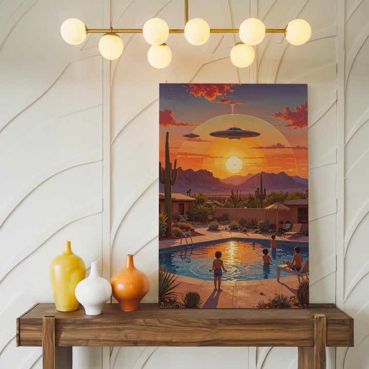 Suburban UFO Canvas – Peaceful Poolside Scene with Extraterrestrial Presence - Gifitto
