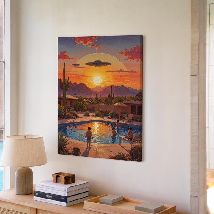 Suburban UFO Canvas – Peaceful Poolside Scene with Extraterrestrial Presence - Gifitto