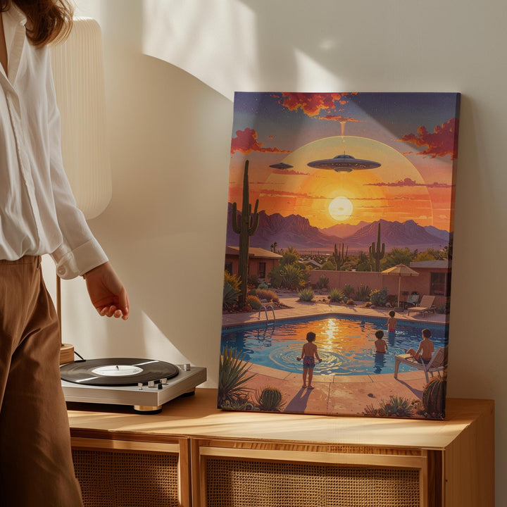 Suburban UFO Canvas – Peaceful Poolside Scene with Extraterrestrial Presence - Gifitto