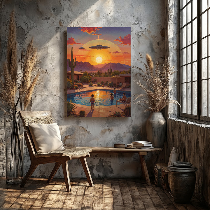 Suburban UFO Canvas – Peaceful Poolside Scene with Extraterrestrial Presence - Gifitto