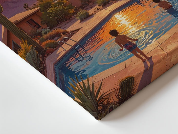 Suburban UFO Canvas – Peaceful Poolside Scene with Extraterrestrial Presence - Gifitto