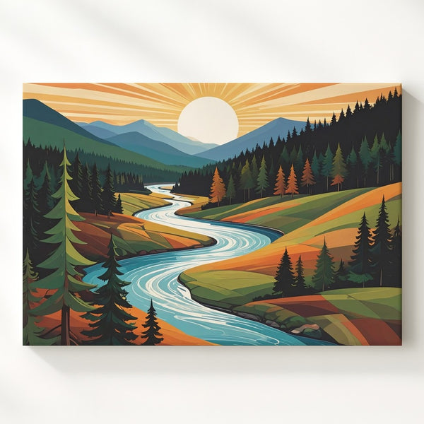 Stylized River and Forest Canvas – Bold Mid-Century Modern Landscape - Gifitto