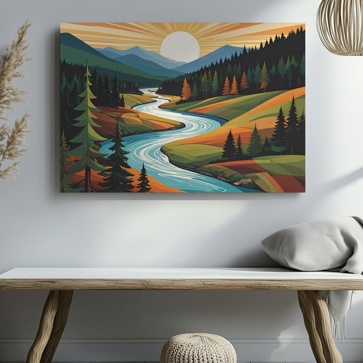 Stylized River and Forest Canvas – Bold Mid-Century Modern Landscape - Gifitto