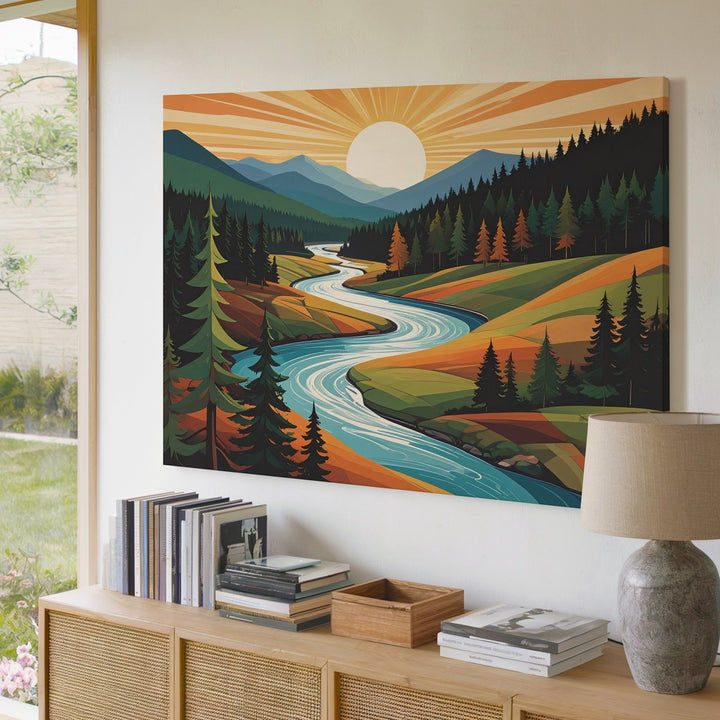 Stylized River and Forest Canvas – Bold Mid-Century Modern Landscape - Gifitto