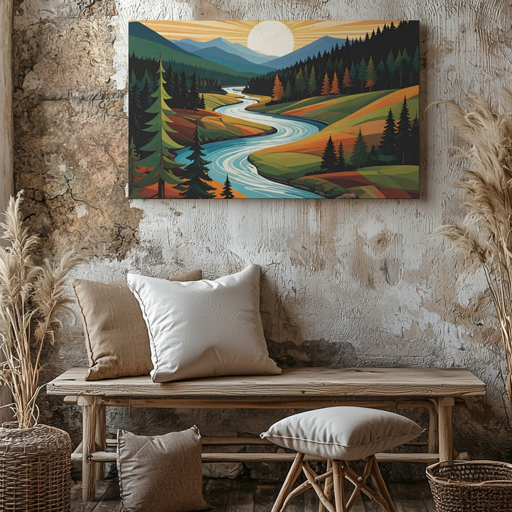 Stylized River and Forest Canvas – Bold Mid-Century Modern Landscape - Gifitto