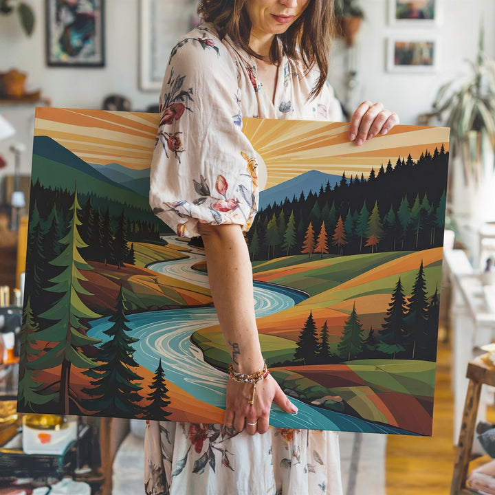 Stylized River and Forest Canvas – Bold Mid-Century Modern Landscape - Gifitto