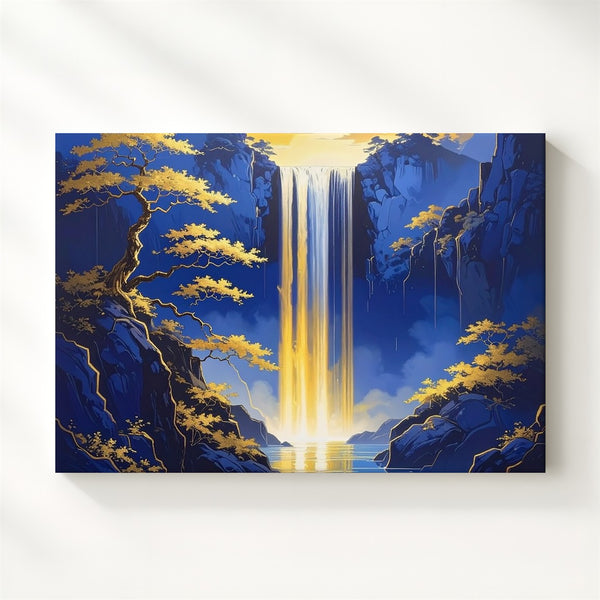 Golden Light Waterfall Canvas – Stylized Japanese Fantasy Landscape Art - Gifitto
