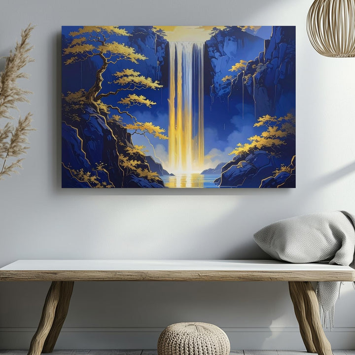 Golden Light Waterfall Canvas – Stylized Japanese Fantasy Landscape Art - Gifitto