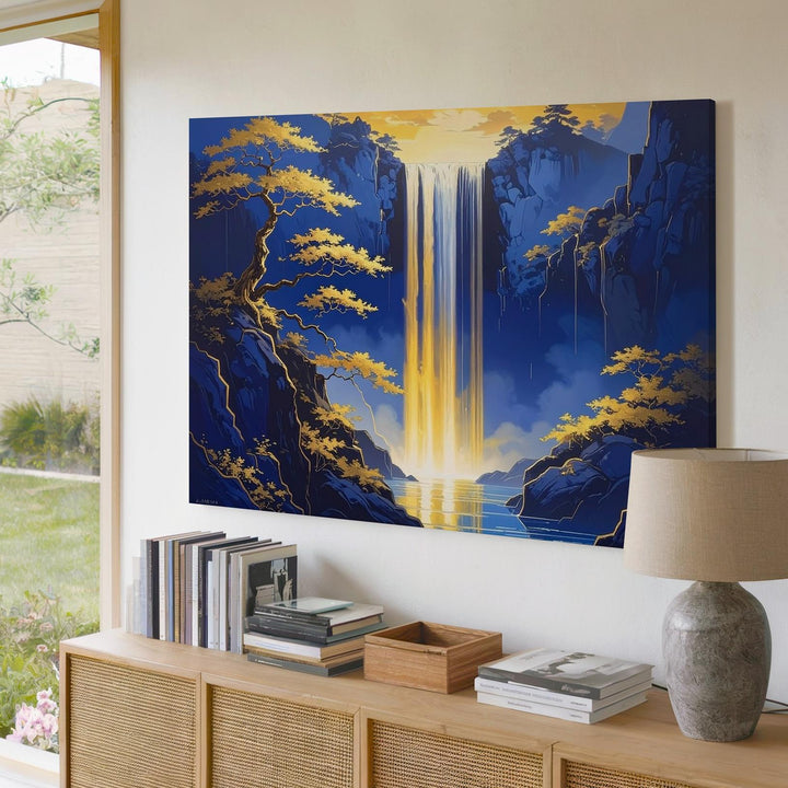 Golden Light Waterfall Canvas – Stylized Japanese Fantasy Landscape Art - Gifitto