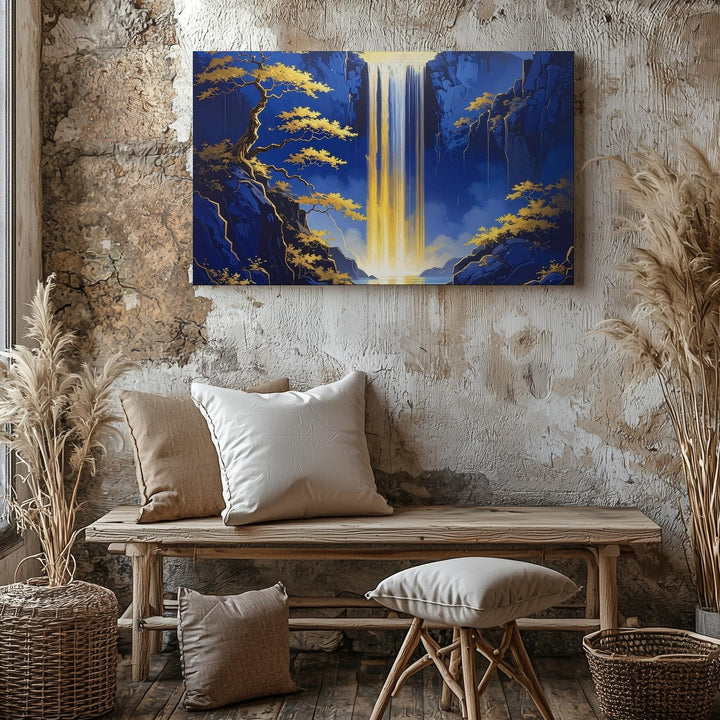 Golden Light Waterfall Canvas – Stylized Japanese Fantasy Landscape Art - Gifitto