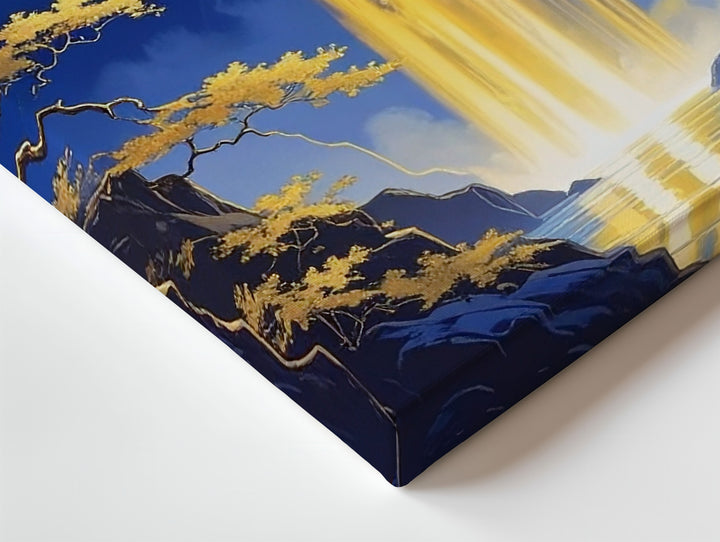Golden Light Waterfall Canvas – Stylized Japanese Fantasy Landscape Art - Gifitto