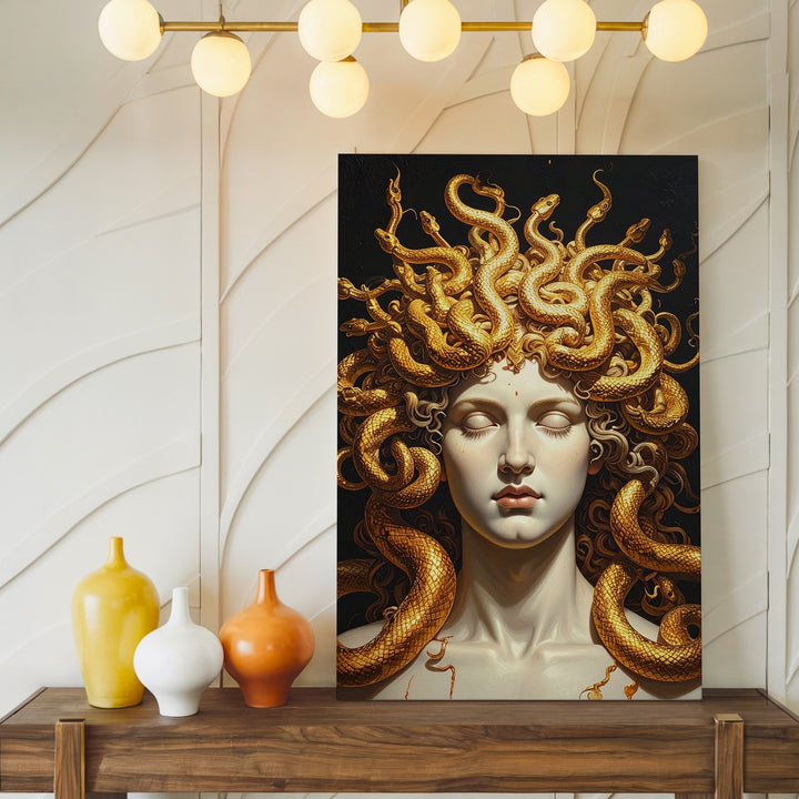Serene Medusa Portrait Canvas – Mythic Gorgon with Golden Serpent Crown - Gifitto