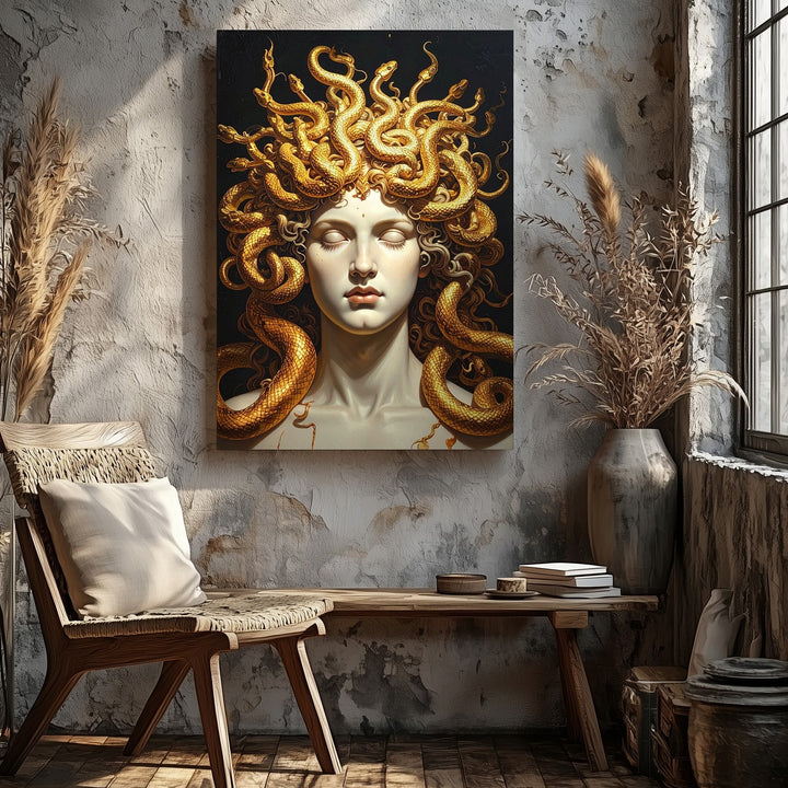 Serene Medusa Portrait Canvas – Mythic Gorgon with Golden Serpent Crown - Gifitto