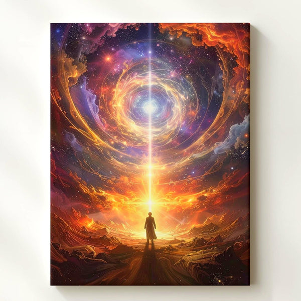 Cosmic Solitude Canvas – Lone Figure Gazing at Glowing Light in Surreal Universe - Gifitto