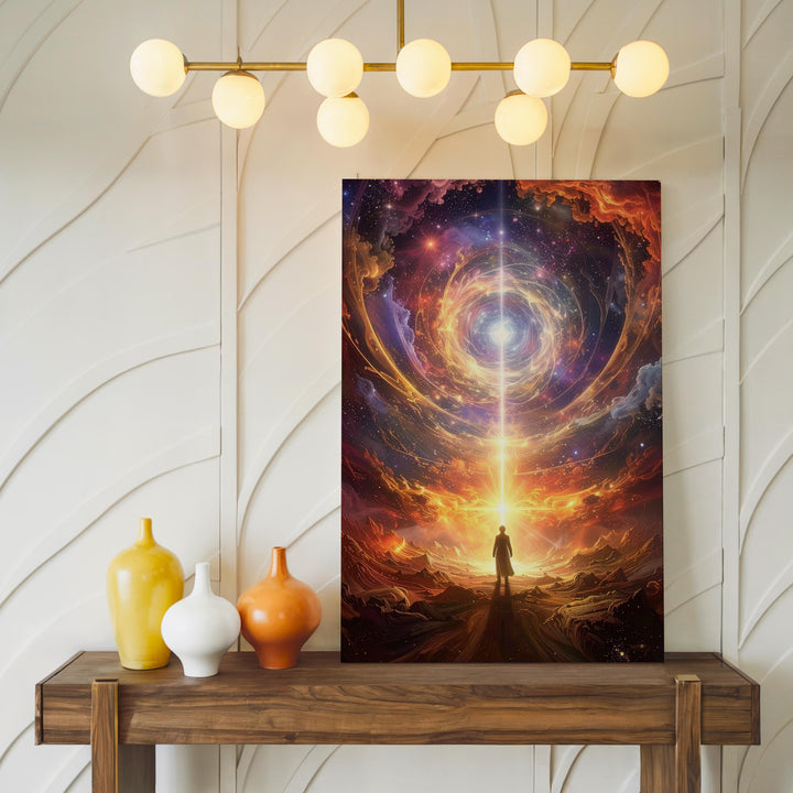 Cosmic Solitude Canvas – Lone Figure Gazing at Glowing Light in Surreal Universe - Gifitto