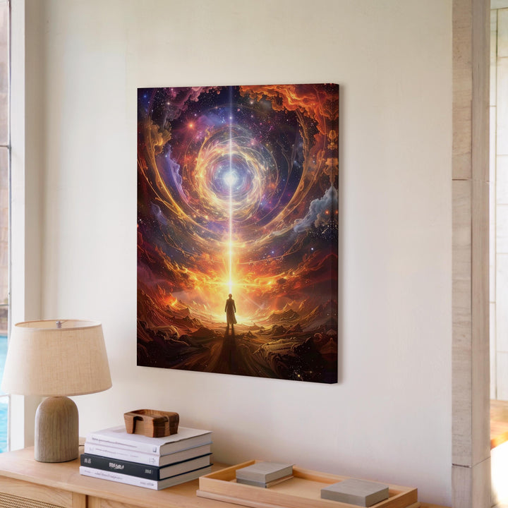 Cosmic Solitude Canvas – Lone Figure Gazing at Glowing Light in Surreal Universe - Gifitto