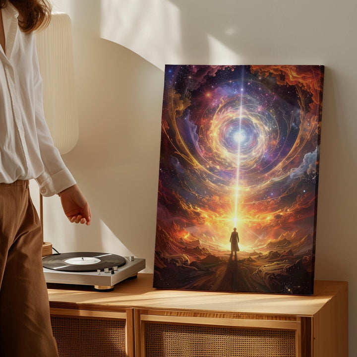Cosmic Solitude Canvas – Lone Figure Gazing at Glowing Light in Surreal Universe - Gifitto