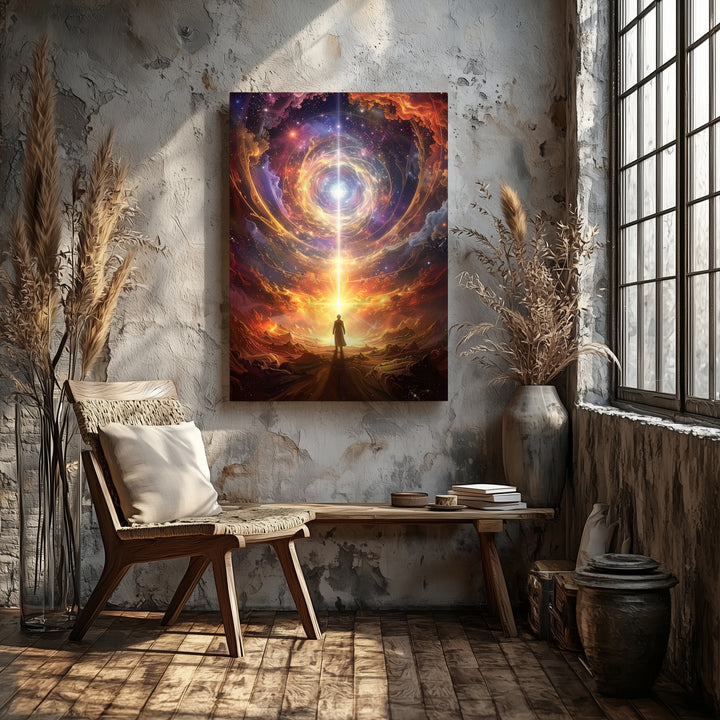 Cosmic Solitude Canvas – Lone Figure Gazing at Glowing Light in Surreal Universe - Gifitto