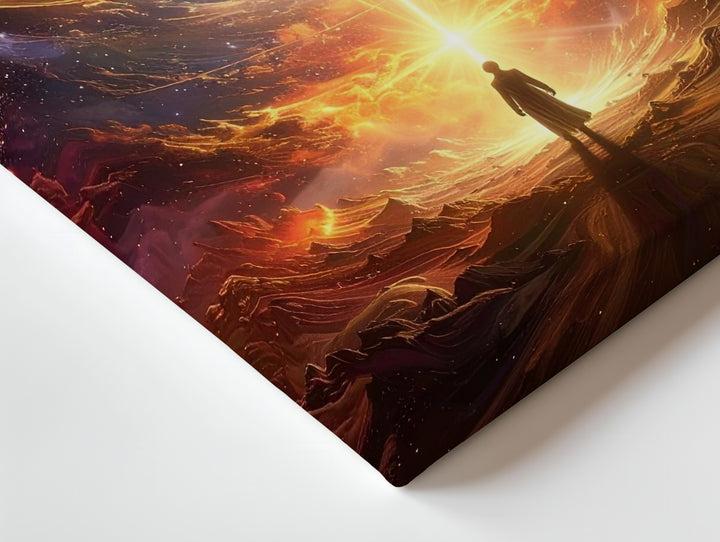 Cosmic Solitude Canvas – Lone Figure Gazing at Glowing Light in Surreal Universe - Gifitto