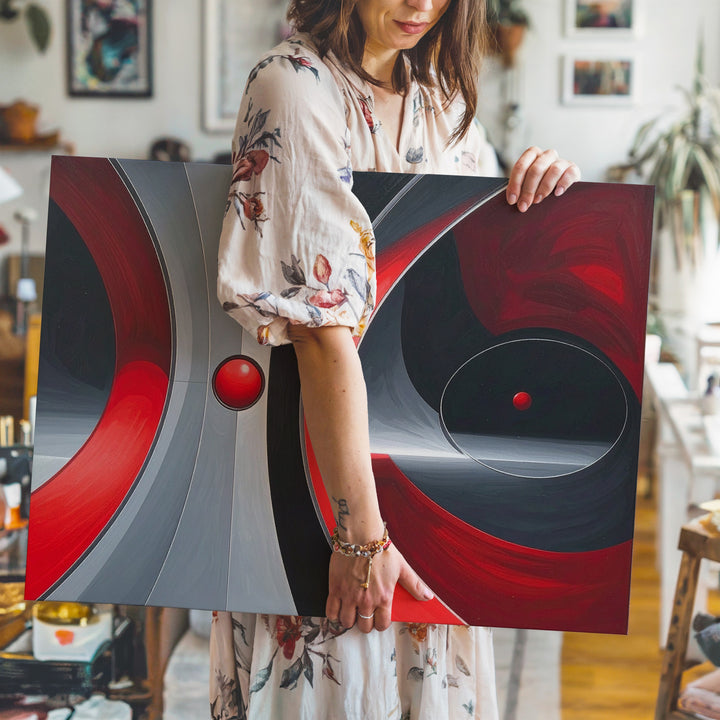 Futuristic Abstract Canvas – Symmetrical Design with Red, Black, and Gray Accents - Gifitto