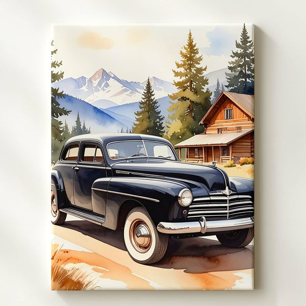 Vintage Black Sedan Watercolor Canvas – Countryside Log Cabin Wall Art - Gifitto