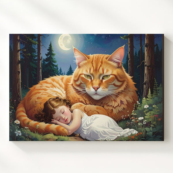 Moonlit Guardianship Canvas – Giant Ginger Cat Protecting Sleeping Woman - Gifitto