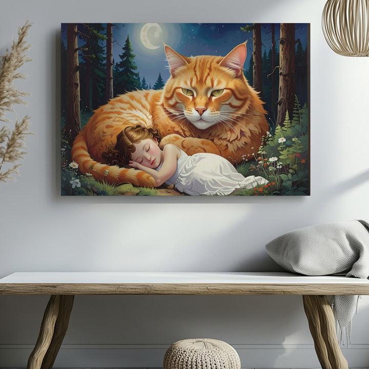 Moonlit Guardianship Canvas – Giant Ginger Cat Protecting Sleeping Woman - Gifitto