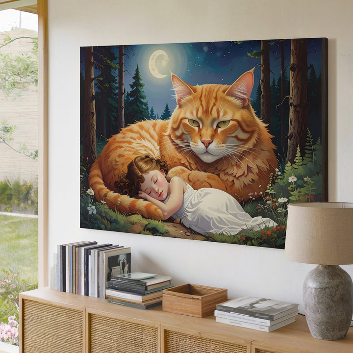 Moonlit Guardianship Canvas – Giant Ginger Cat Protecting Sleeping Woman - Gifitto