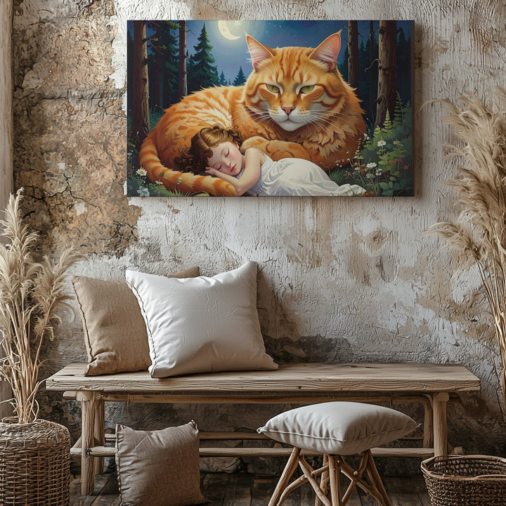 Moonlit Guardianship Canvas – Giant Ginger Cat Protecting Sleeping Woman - Gifitto