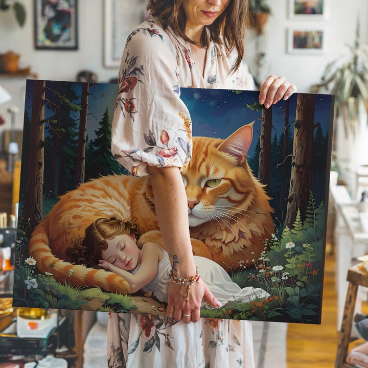 Moonlit Guardianship Canvas – Giant Ginger Cat Protecting Sleeping Woman - Gifitto