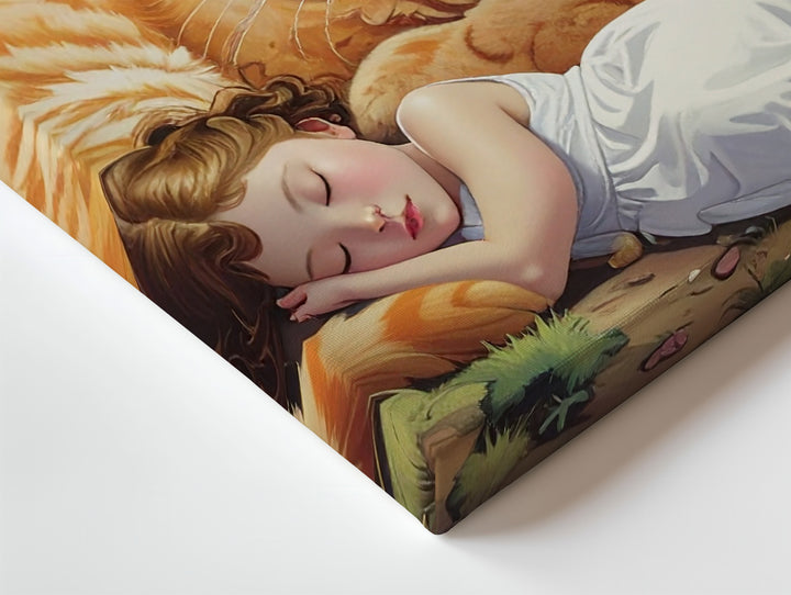 Moonlit Guardianship Canvas – Giant Ginger Cat Protecting Sleeping Woman - Gifitto