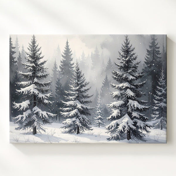 Silent Pines Canvas – Monochrome Winter Forest with Falling Snow
