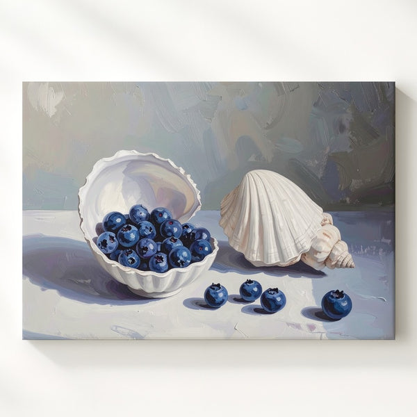 Blueberries & Seashells Canvas – Coastal Still Life with Minimal Elegance - Gifitto