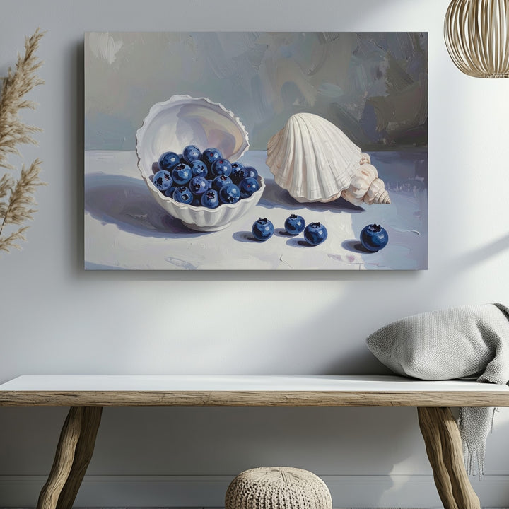 Blueberries & Seashells Canvas – Coastal Still Life with Minimal Elegance - Gifitto