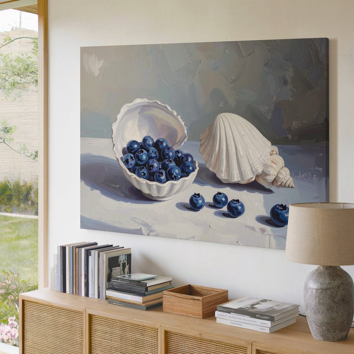 Blueberries & Seashells Canvas – Coastal Still Life with Minimal Elegance - Gifitto