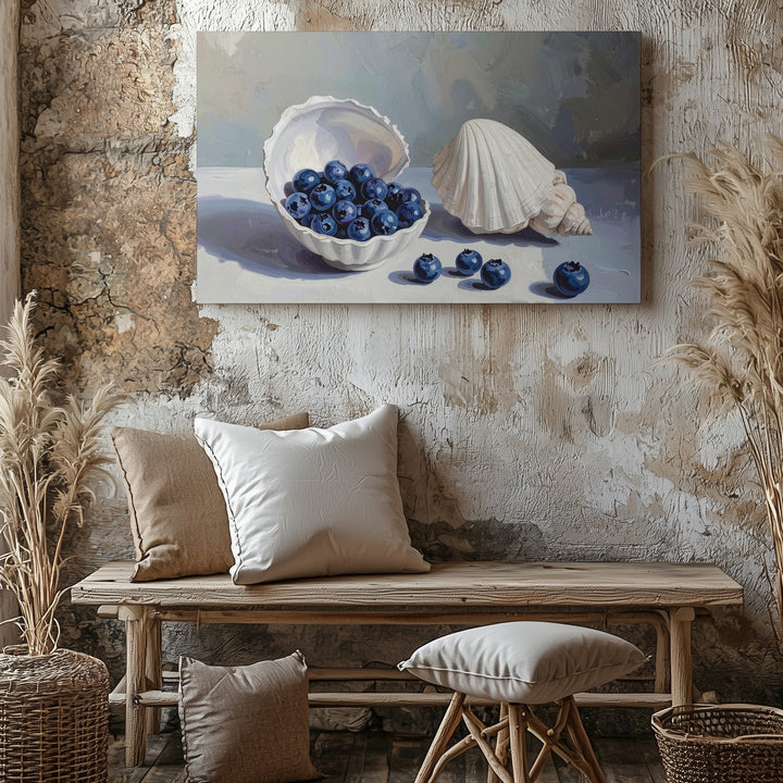 Blueberries & Seashells Canvas – Coastal Still Life with Minimal Elegance - Gifitto
