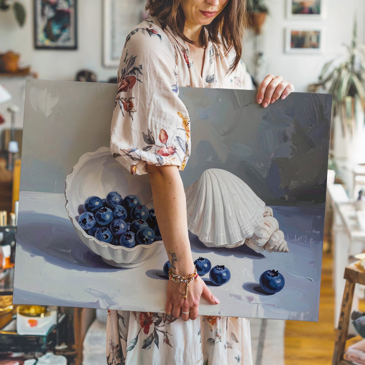 Blueberries & Seashells Canvas – Coastal Still Life with Minimal Elegance - Gifitto