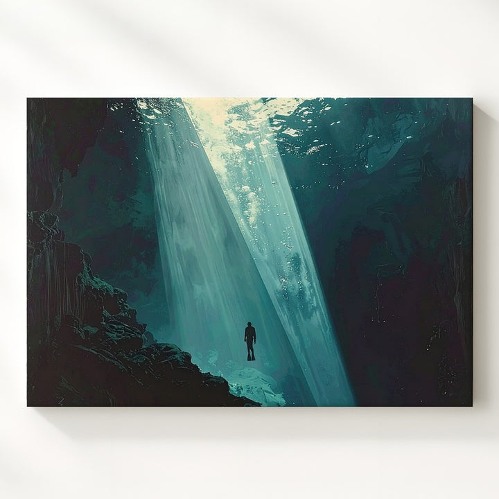 Solitary Descent Canvas – Diver in Beam of Light Under Deep Ocean - Gifitto