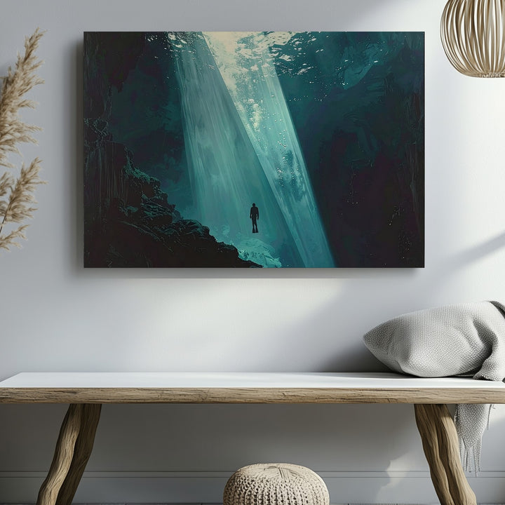 Solitary Descent Canvas – Diver in Beam of Light Under Deep Ocean - Gifitto