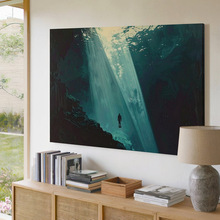 Solitary Descent Canvas – Diver in Beam of Light Under Deep Ocean - Gifitto
