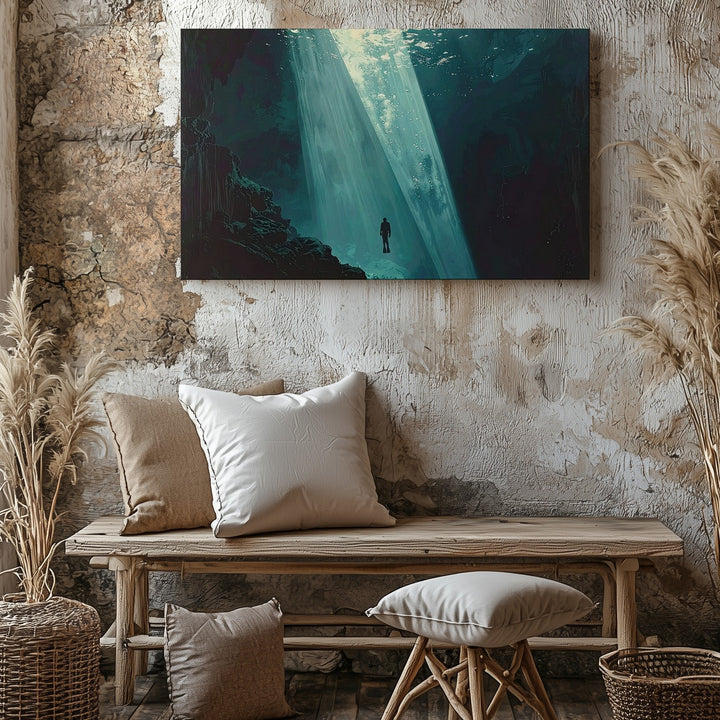 Solitary Descent Canvas – Diver in Beam of Light Under Deep Ocean - Gifitto