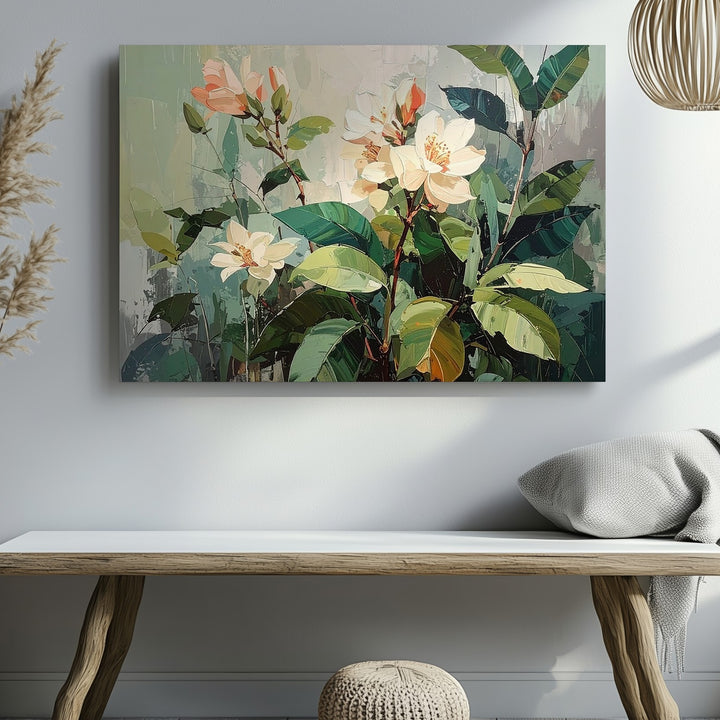Tropical Harmony Canvas – Lush Greenery Wall Art with Coral Accents - Gifitto