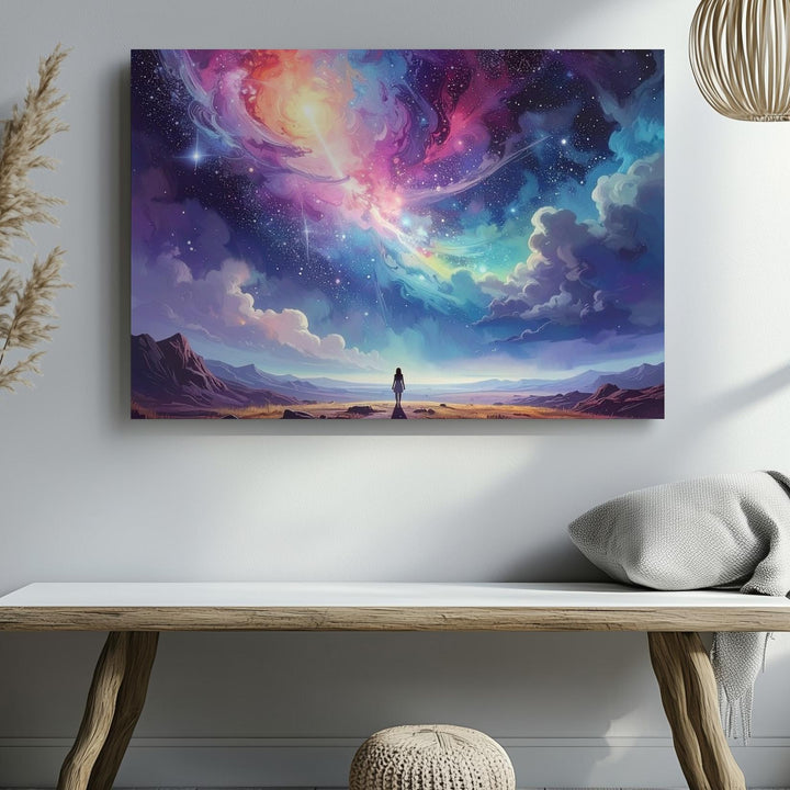Cosmic Discovery Canvas – Lone Figure and Swirling Celestial Sky - Gifitto