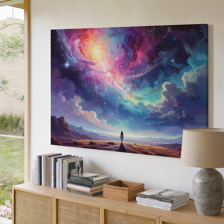 Cosmic Discovery Canvas – Lone Figure and Swirling Celestial Sky - Gifitto