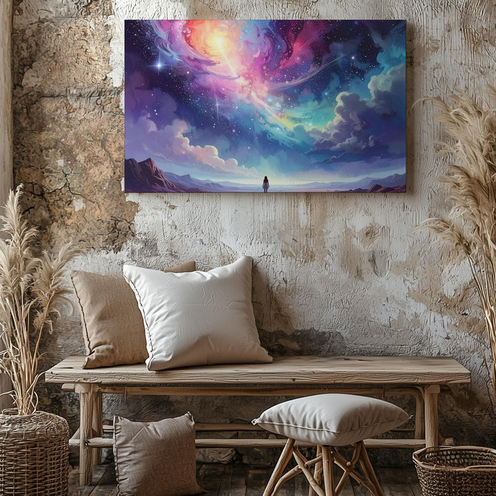 Cosmic Discovery Canvas – Lone Figure and Swirling Celestial Sky - Gifitto