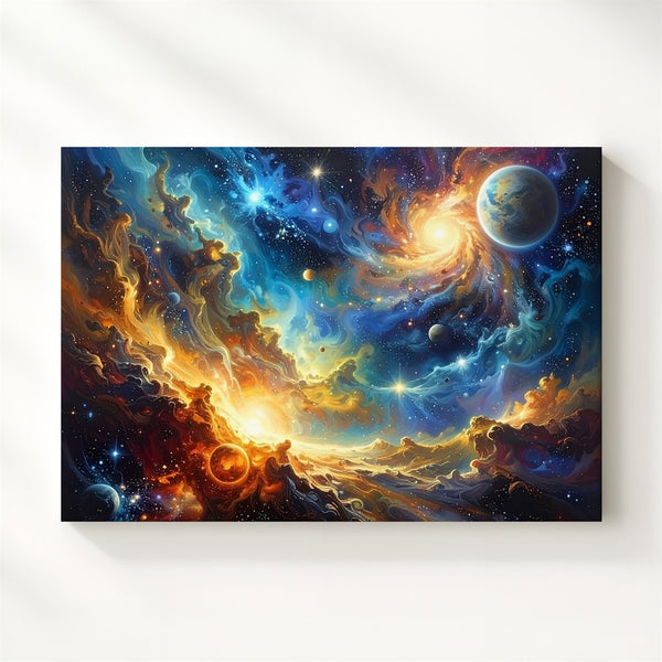 Serpentine Nebula Canvas – Golden Blue Cosmic Vista with Floating Planets - Gifitto