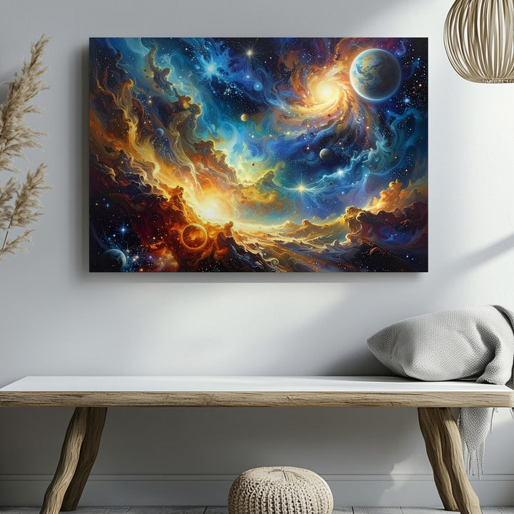 Serpentine Nebula Canvas – Golden Blue Cosmic Vista with Floating Planets - Gifitto