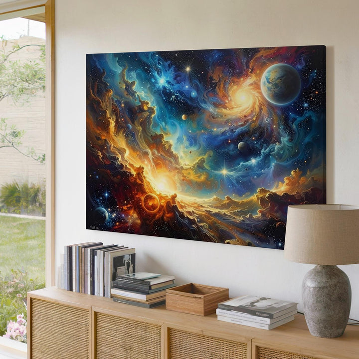 Serpentine Nebula Canvas – Golden Blue Cosmic Vista with Floating Planets - Gifitto